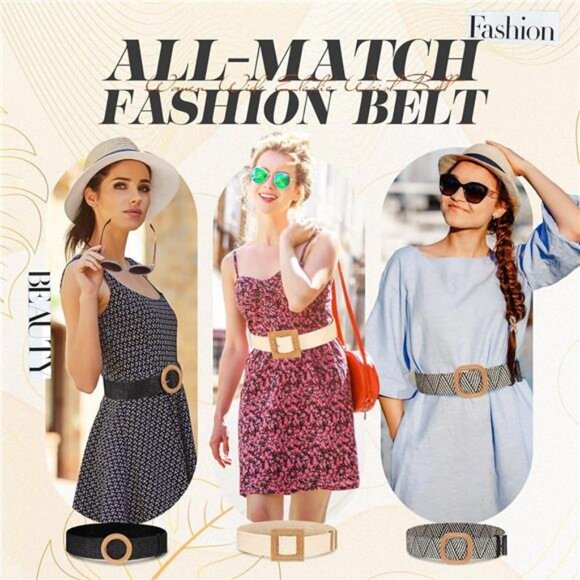 3 Pieces Straw Woven Elastic Waist Belt for Women Bohemian Dress Braided main image 7